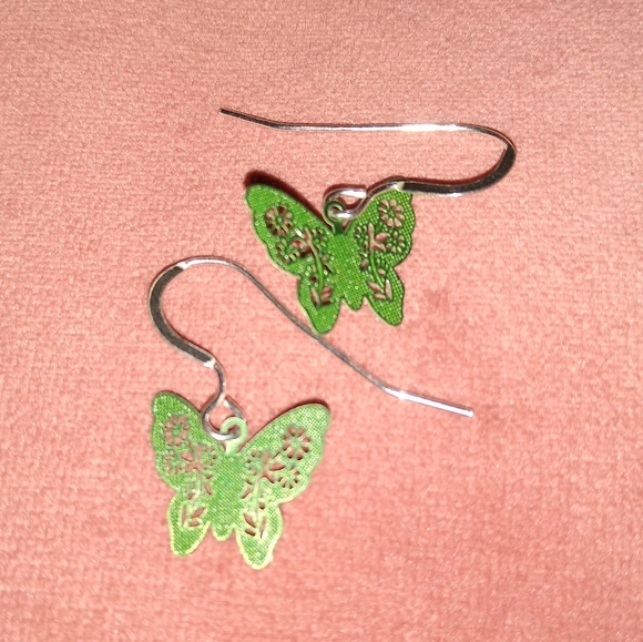 Solid 925 REAL Sterling Silver Ear Wire Green Butterflies Butterfly Earrings New - Picture 3 of 7